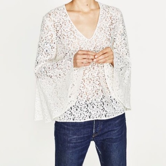 ZARA WHITE LACE BELL SLEEVE TOP S - Picture 7 of 7